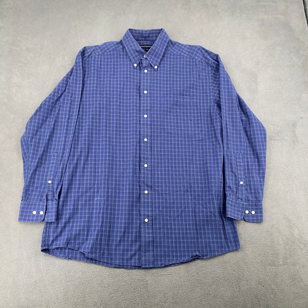 Hathaway Mens Blue Grid Plaid Long Sleeve Button Down Shirt 100% Cotton L 16.5